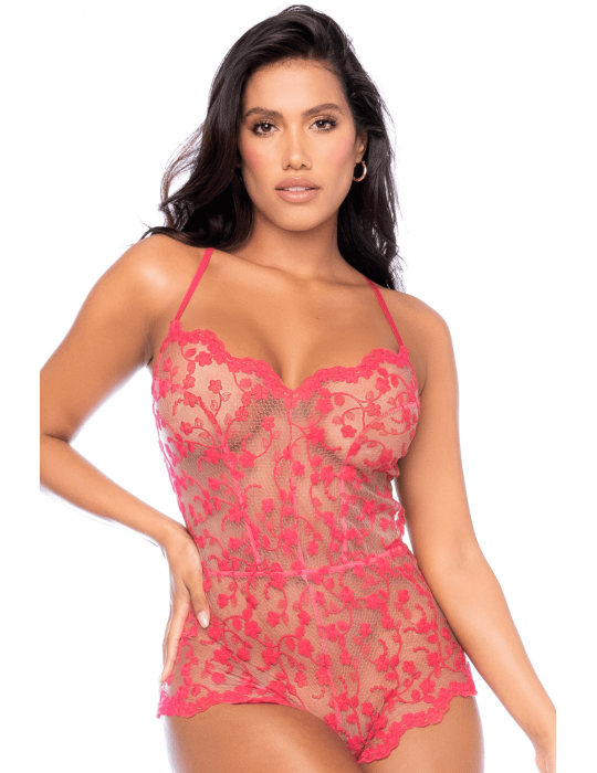 Combishort en dentelle transparente couleur cerise - MAL7543CHRY Combishort en dentelle transparente couleur cerise - MAL7543CHRY