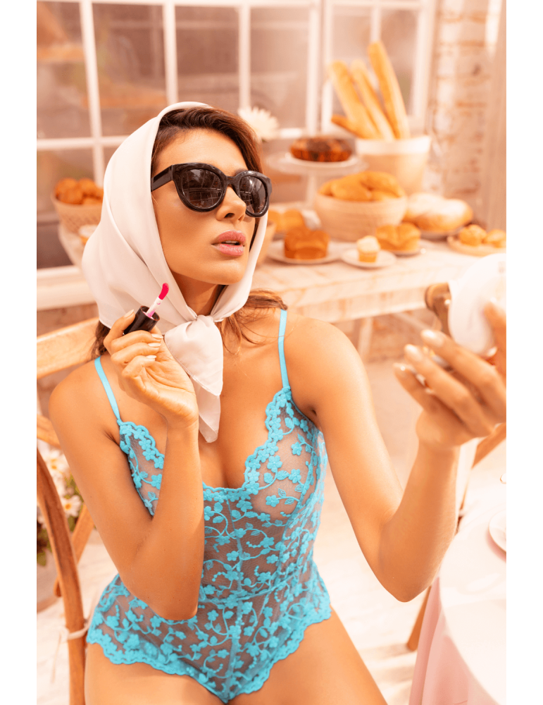 Combishort en dentelle transparente turquoise - MAL7543TQ