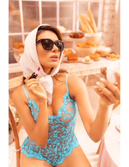 Combishort en dentelle transparente turquoise - MAL7543TQ