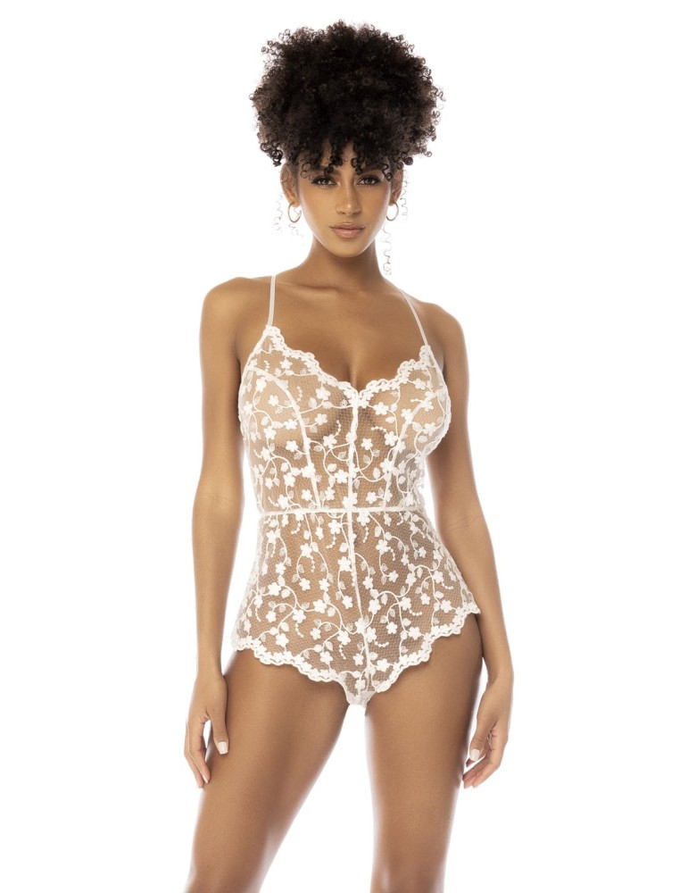 Body blanc transparent Celina avec dentelle brodée florale, bretelles ajustables - MAL7543STWT Body blanc transparent Celina avec dentelle brodée florale, bretelles ajustables - MAL7543STWT