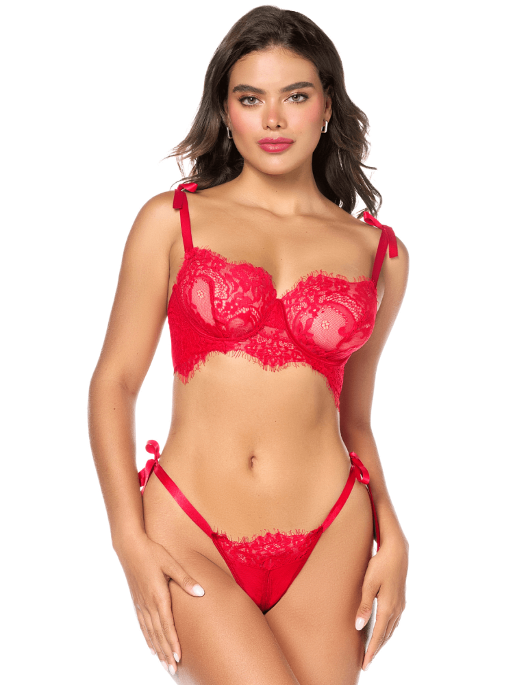 Ensemble sexy 2 pièces en dentelle avec liens à nouer et string - MAL8968RED Ensemble sexy 2 pièces en dentelle avec liens à nouer et string - MAL8968RED