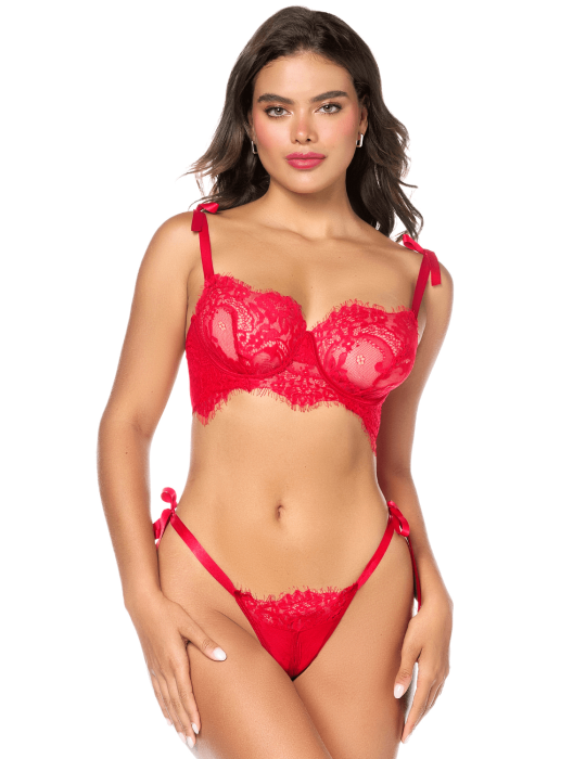 Ensemble sexy 2 pièces en dentelle avec liens à nouer et string - MAL8968RED Ensemble sexy 2 pièces en dentelle avec liens à nouer et string - MAL8968RED