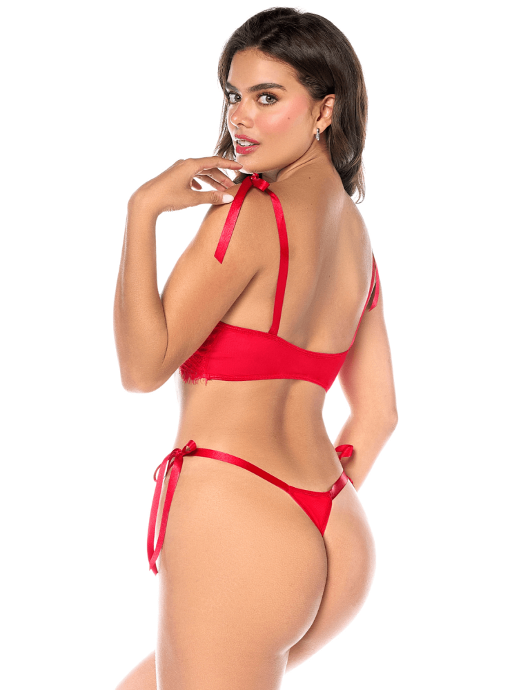 Ensemble sexy 2 pièces en dentelle avec liens à nouer et string - MAL8968RED