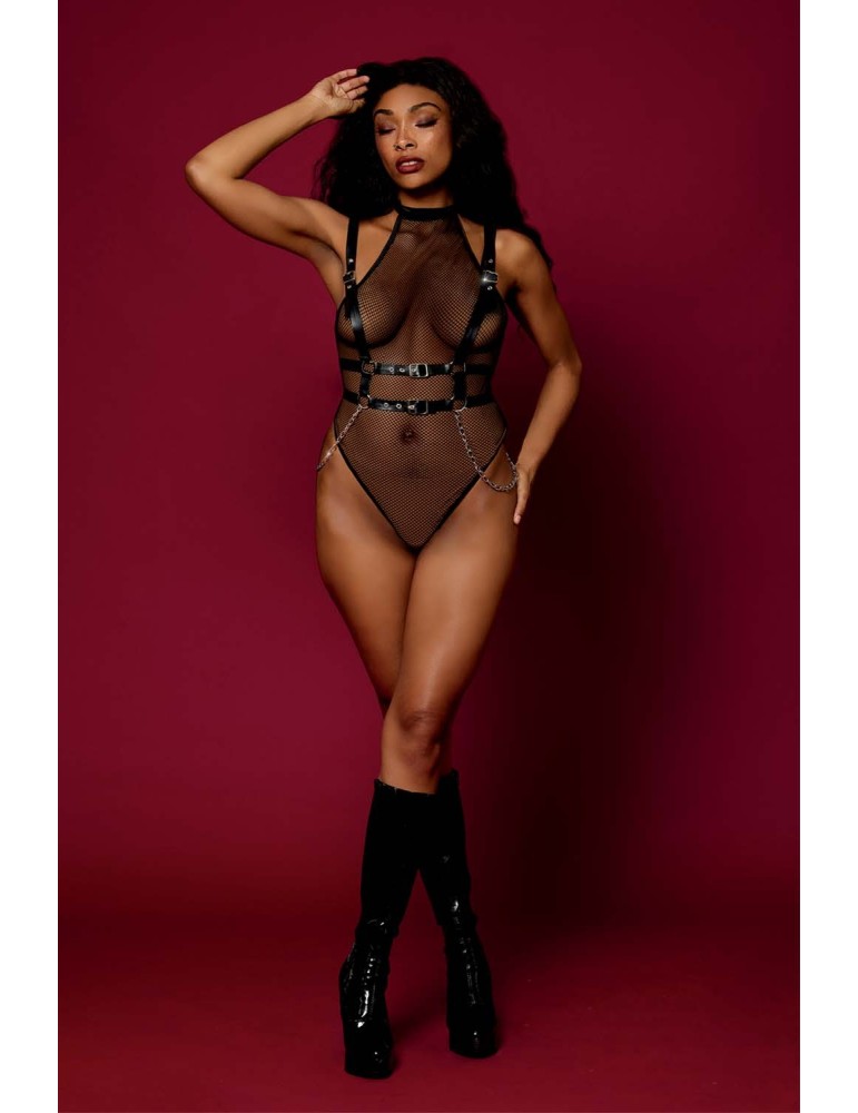 Body en résille avec Harnais simili cuir et chaines - DG13291BLK