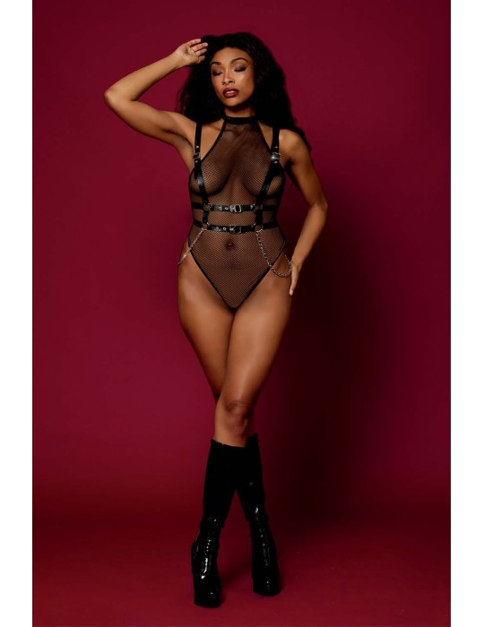 Body en résille avec Harnais simili cuir et chaines - DG13291BLK