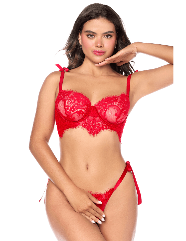 Ensemble sexy 2 pièces en dentelle avec liens à nouer et string - MAL8968RED