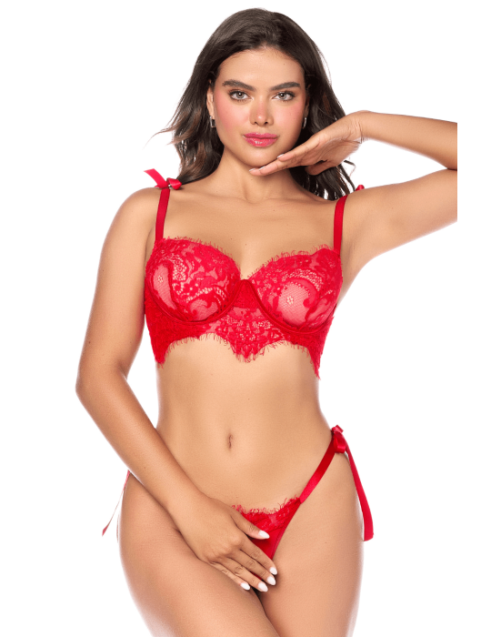 Ensemble sexy 2 pièces en dentelle avec liens à nouer et string - MAL8968RED
