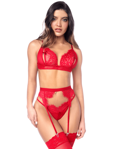 Ensemble sexy 3 pièces peek-a-boo en dentelle avec string et porte-jarretelles - MAL8970RED