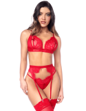 Ensemble sexy 3 pièces peek-a-boo en dentelle avec string et porte-jarretelles - MAL8970RED