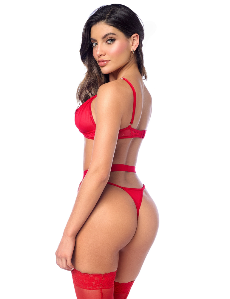 Ensemble sexy 3 pièces peek-a-boo en dentelle avec string et porte-jarretelles - MAL8970RED