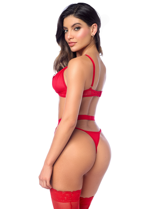 Ensemble sexy 3 pièces peek-a-boo en dentelle avec string et porte-jarretelles - MAL8970RED