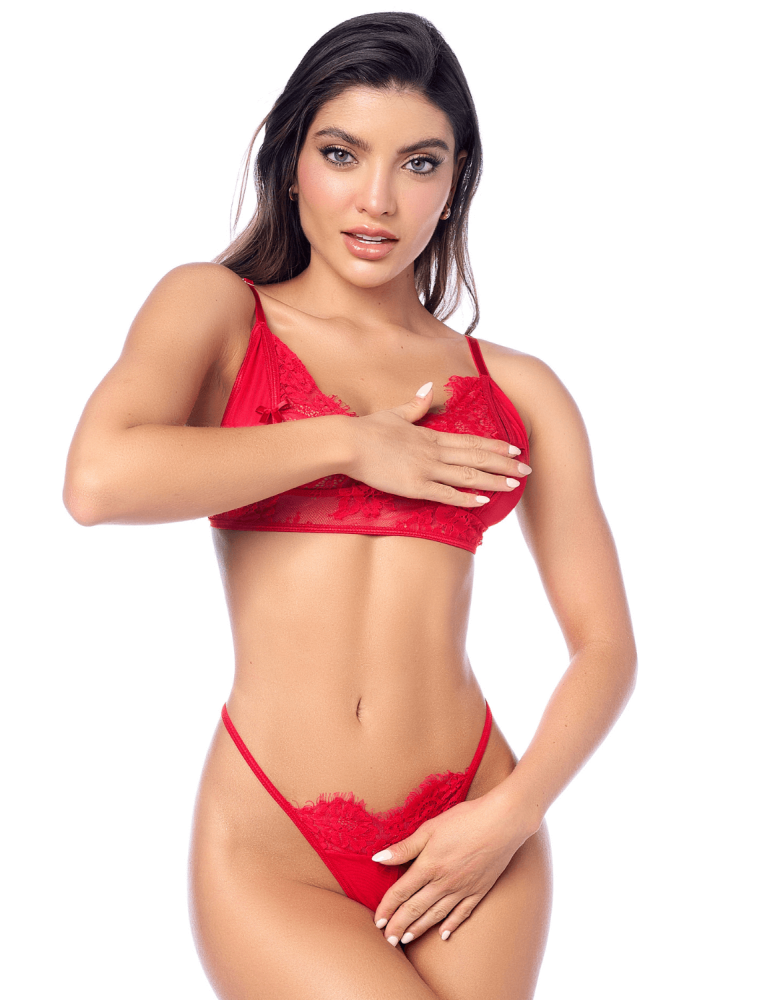 Ensemble sexy 3 pièces peek-a-boo en dentelle avec string et porte-jarretelles - MAL8970RED