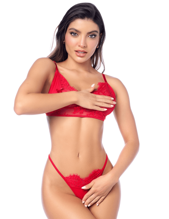 Ensemble sexy 3 pièces peek-a-boo en dentelle avec string et porte-jarretelles - MAL8970RED
