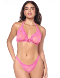 Ensemble sexy 2 pièces rose en dentelle délicate avec haut et string assorti - MAL8971PINK