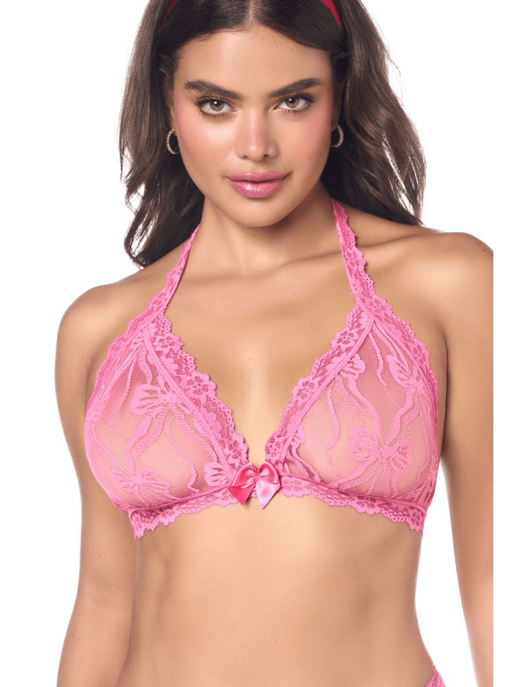 Ensemble sexy 2 pièces rose en dentelle délicate avec haut et string assorti - MAL8971PINK
