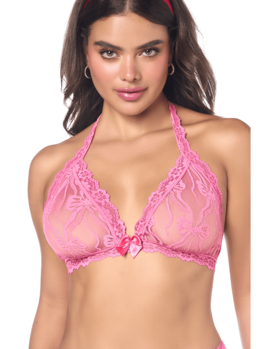 Ensemble sexy 2 pièces rose en dentelle délicate avec haut et string assorti - MAL8971PINK