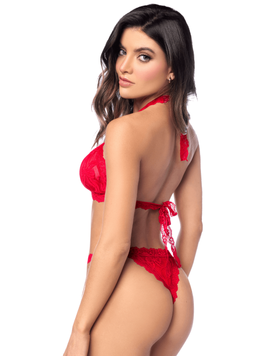 Ensemble sexy 2 pièces en dentelle romantique avec haut et string assorti - MAL8971RED