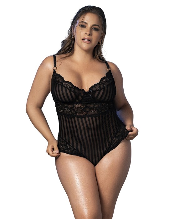 Body dentelle noire,  rayé en dentelle et fine résille - MAL8631XBLK Body dentelle noire,  rayé en dentelle et fine résille - MAL8631XBLK