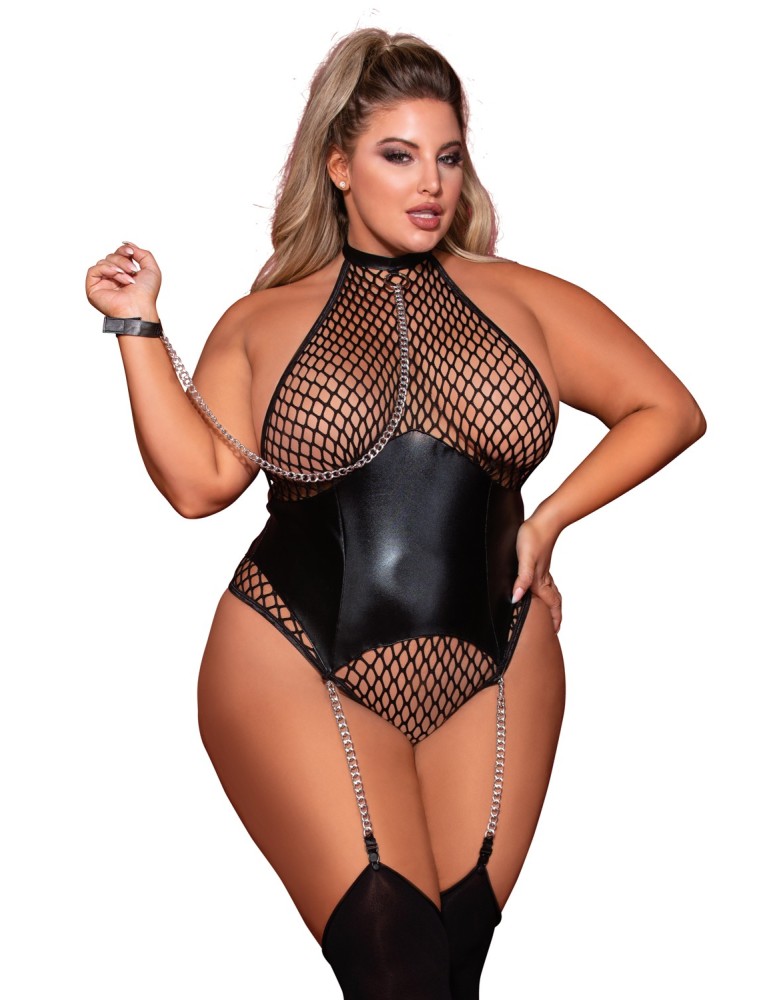 Body grande taille large résille et porte jarretelle simili cuir avec chainettes - DG12495XBLK Body grande taille large résille et porte jarretelle simili cuir avec chainettes - DG12495XBLK