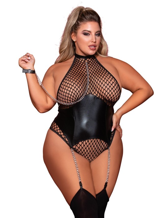 Body grande taille large résille et porte jarretelle simili cuir avec chainettes - DG12495XBLK Body grande taille large résille et porte jarretelle simili cuir avec chainettes - DG12495XBLK