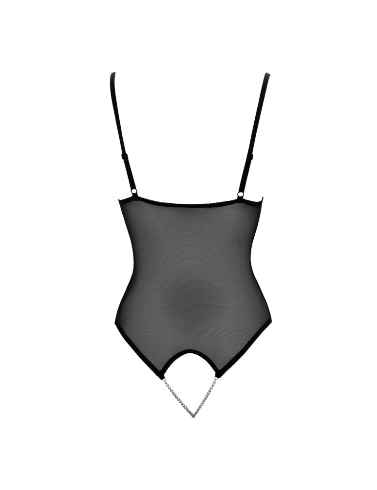 Body string en dentelle et résille noire avec perles à l'entrejambe - R2642425