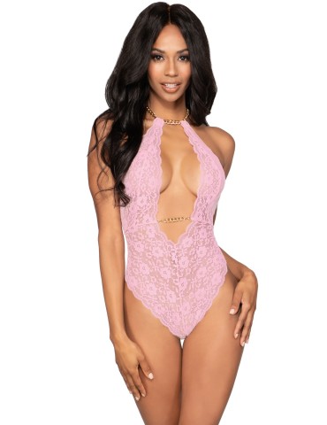 Body rose en dentelle stretch avec chaînes amovibles - DG12483PNK