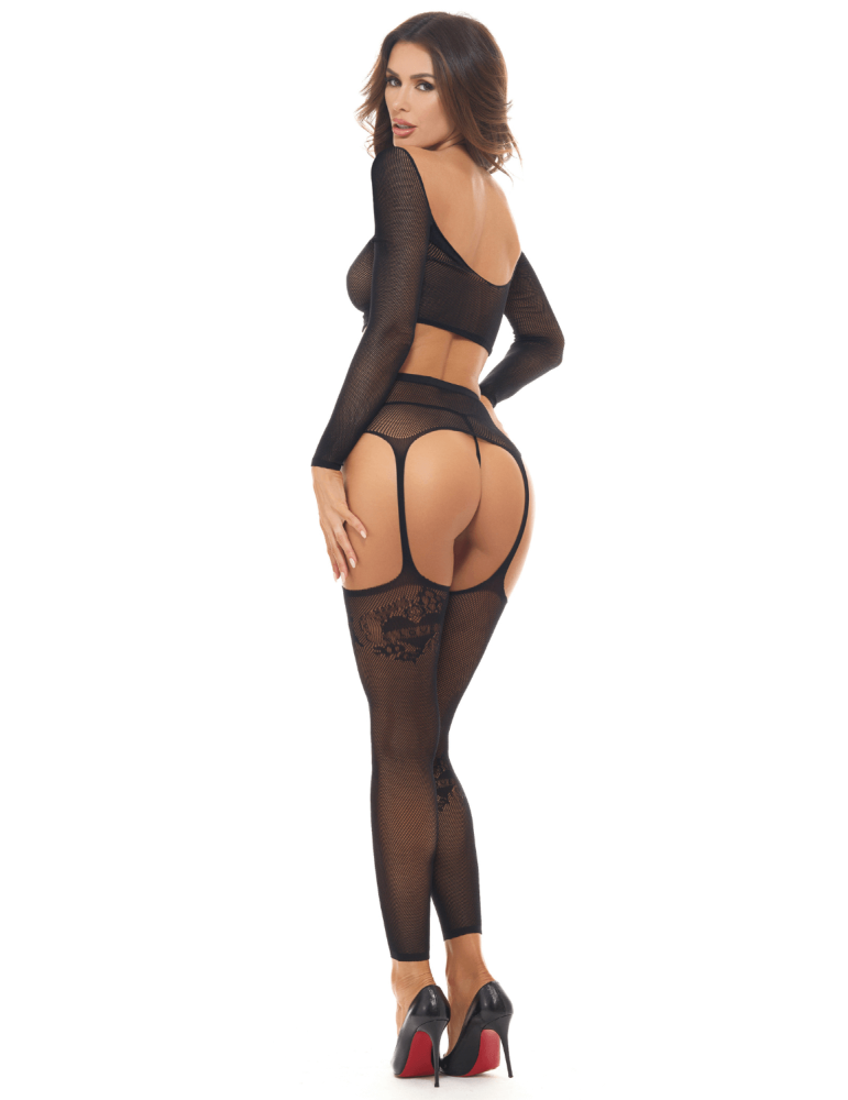 Ensemble 2 pièces, top et bas porte jarretelles - REN7117-BLK