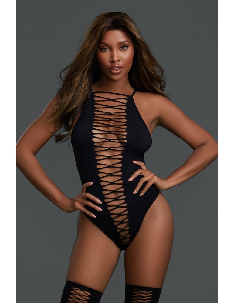 Body opaque avec croisillons et bas assortis - DG0313BLK