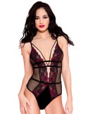 Body noir résille sexy bordures dentelle fleurie et ornements - ML80022BHP