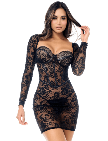 Robe en dentelle transparente à manches longues avec string - MAL40022BLK