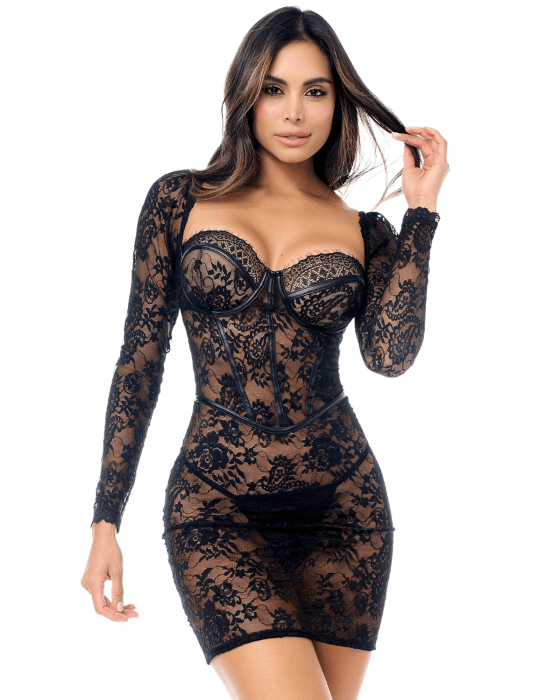 Robe en dentelle transparente à manches longues avec string - MAL40022BLK Robe en dentelle transparente à manches longues avec string - MAL40022BLK