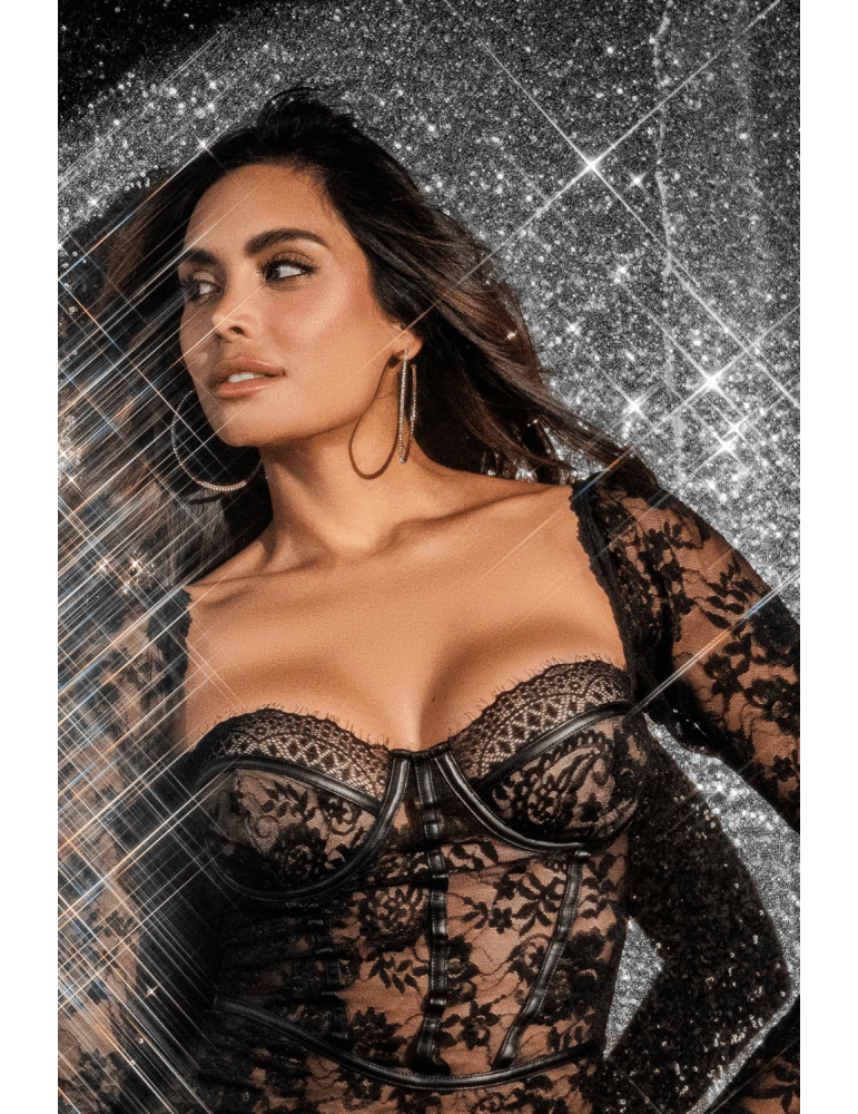 Robe en dentelle transparente à manches longues avec string - MAL40022BLK