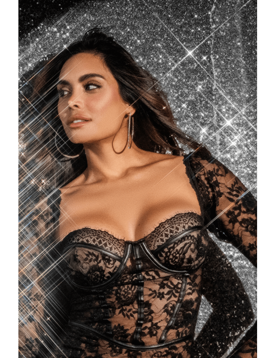Robe en dentelle transparente à manches longues avec string - MAL40022BLK