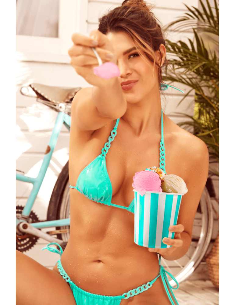 Bikini Turquoise Vinyle avec Chaînettes - MAL67131GLTQ