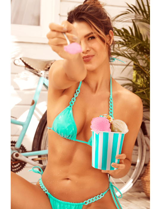 Bikini Turquoise Vinyle avec Chaînettes - MAL67131GLTQ
