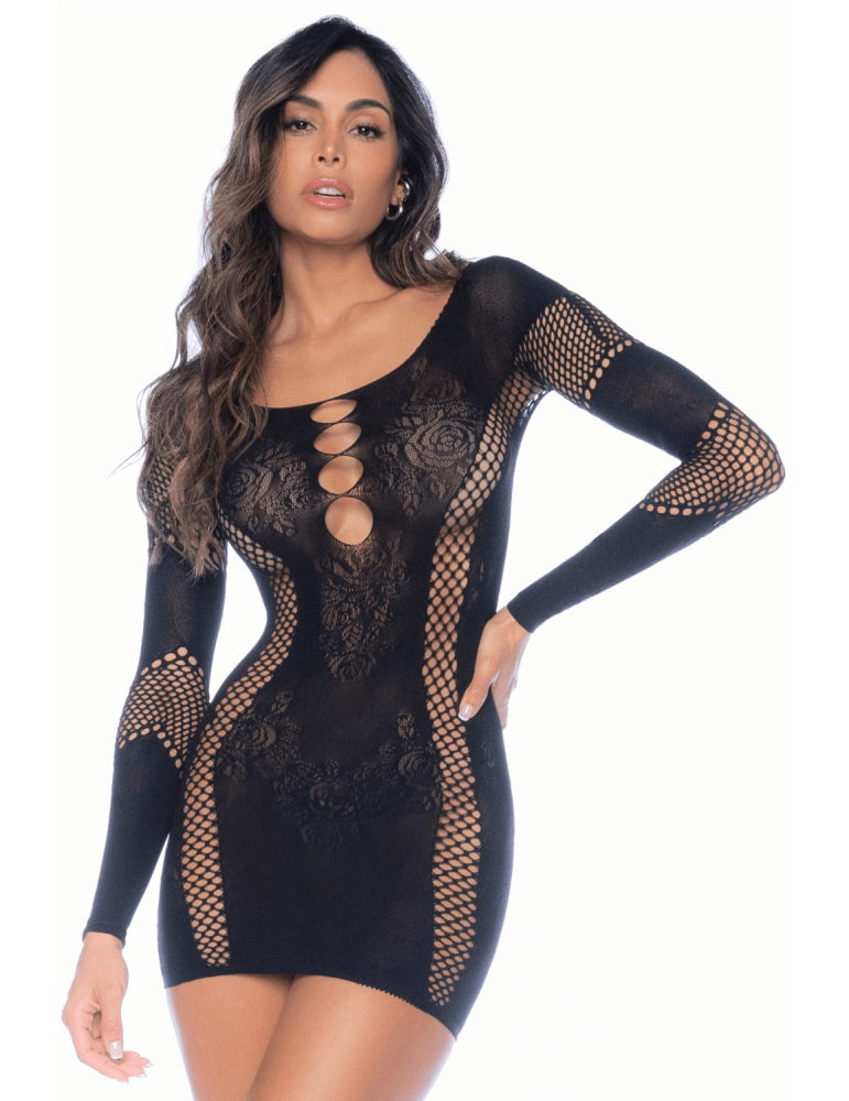 Robe manches longues en résille noire - MAL1117BLK