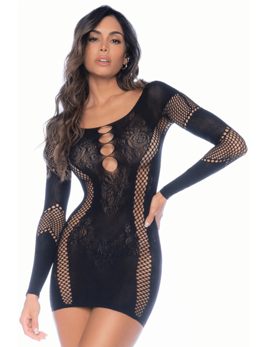 Robe manches longues en résille noire - MAL1117BLK