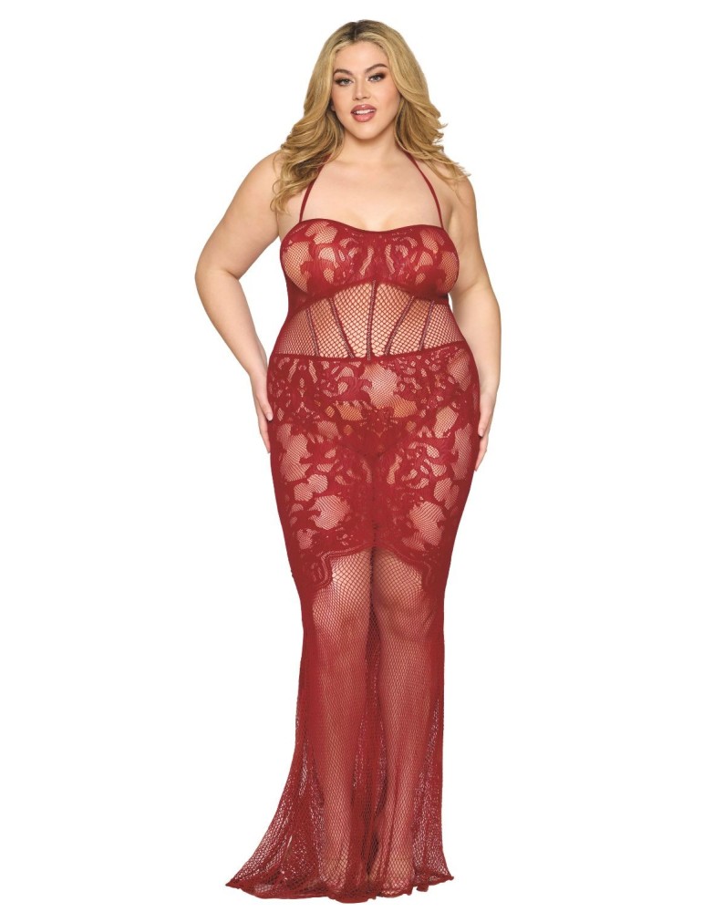 Nuisette longue grande taille en résille rouge - DG0487XRED Nuisette longue grande taille en résille rouge - DG0487XRED