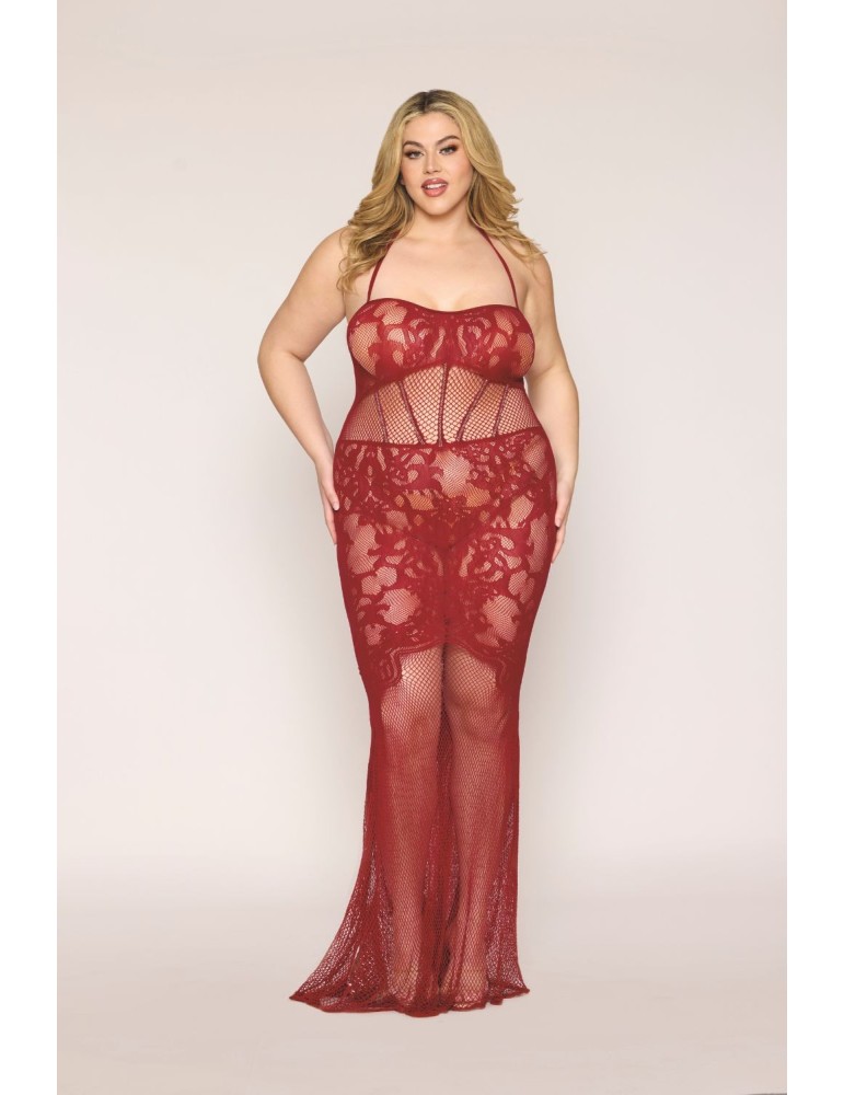 Nuisette longue grande taille en résille rouge - DG0487XRED