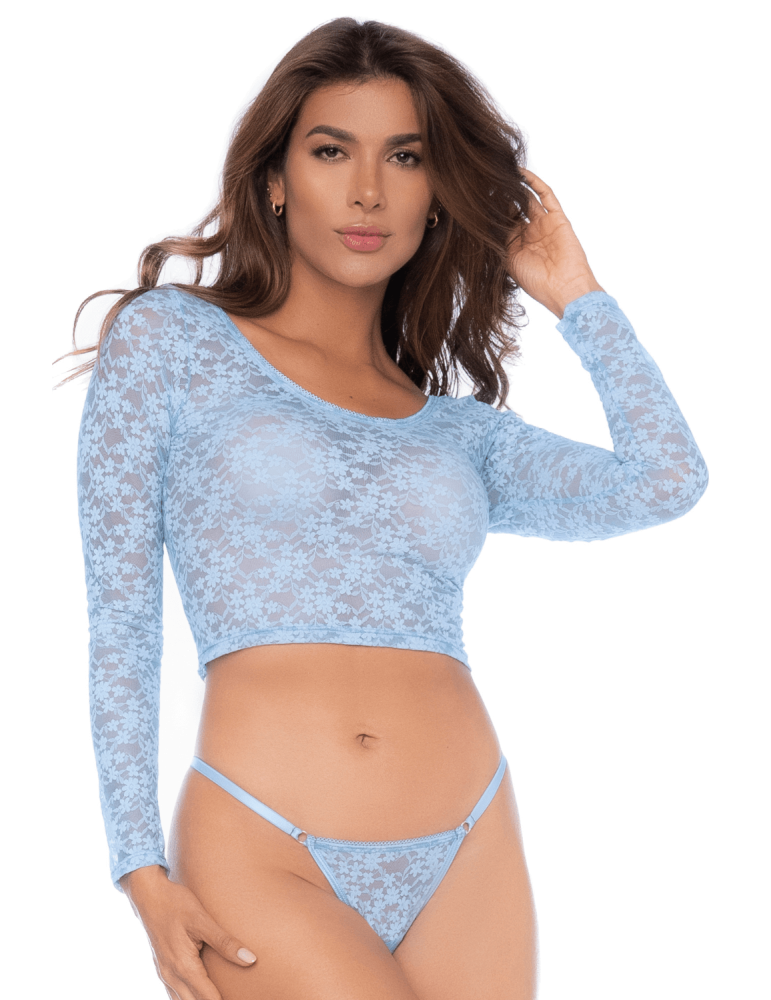 Ensemble 2 pièces en dentelle bleue pastel, crop top et string - MAL8918LBLU Ensemble 2 pièces en dentelle bleue pastel, crop top et string - MAL8918LBLU