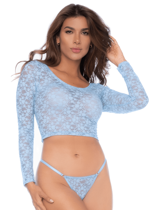 Ensemble 2 pièces en dentelle bleue pastel, crop top et string - MAL8918LBLU Ensemble 2 pièces en dentelle bleue pastel, crop top et string - MAL8918LBLU