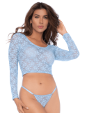 Ensemble 2 pièces en dentelle bleue pastel, crop top et string - MAL8918LBLU