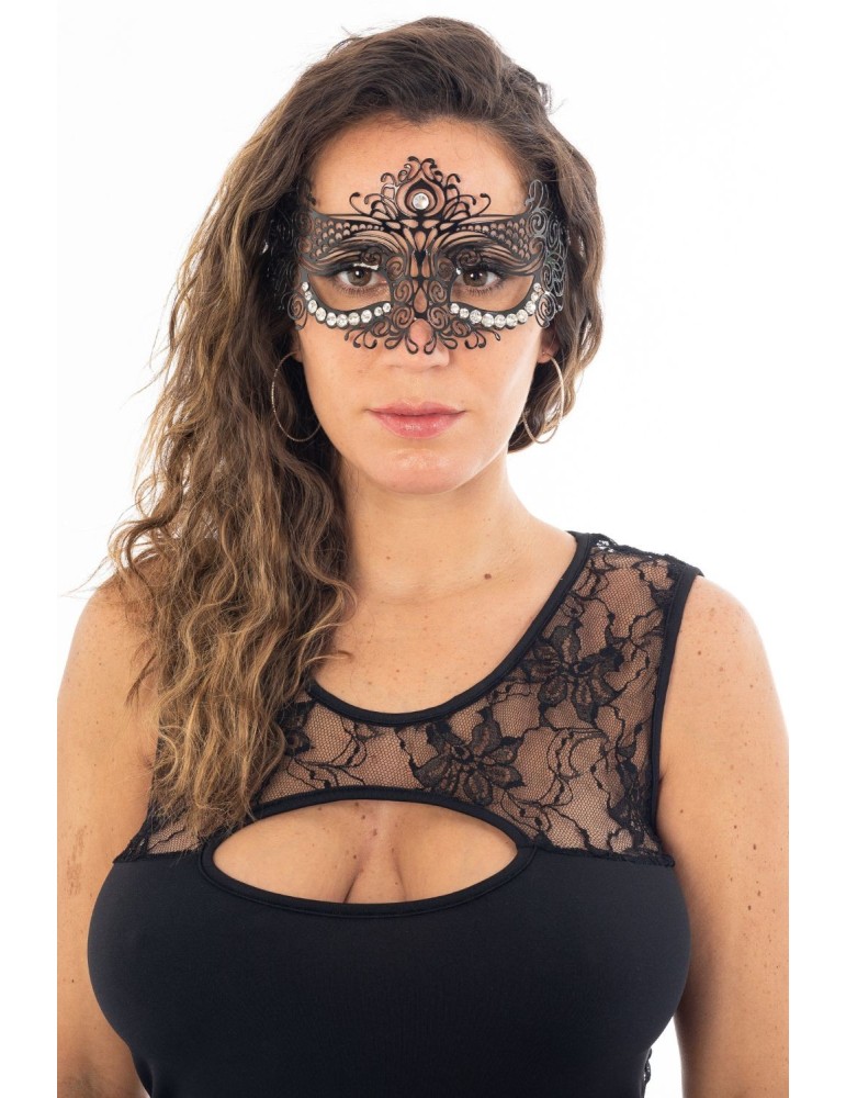 Masque vénitien Ornella rigide noir avec strass  - HMJ-031BK