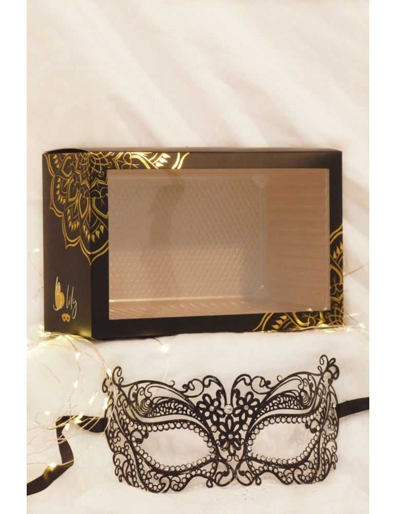 Masque vénitien Alba rigide noir avec strass  - HMJ-039BK