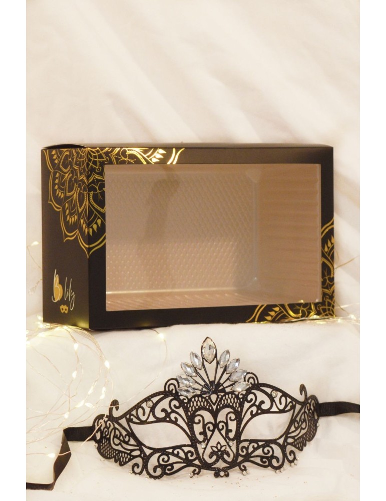 Masque vénitien Gemma rigide noir avec strass - HMJ-055BK