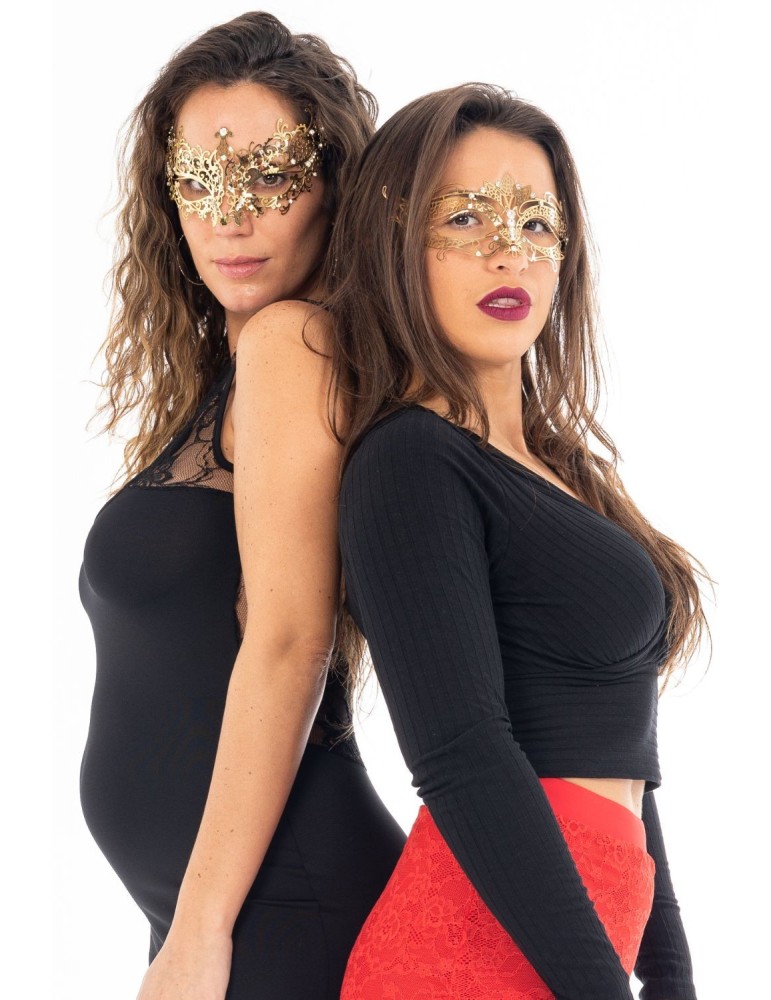 Masque vénitien Chiara rigide doré avec strass - HMJ-016B