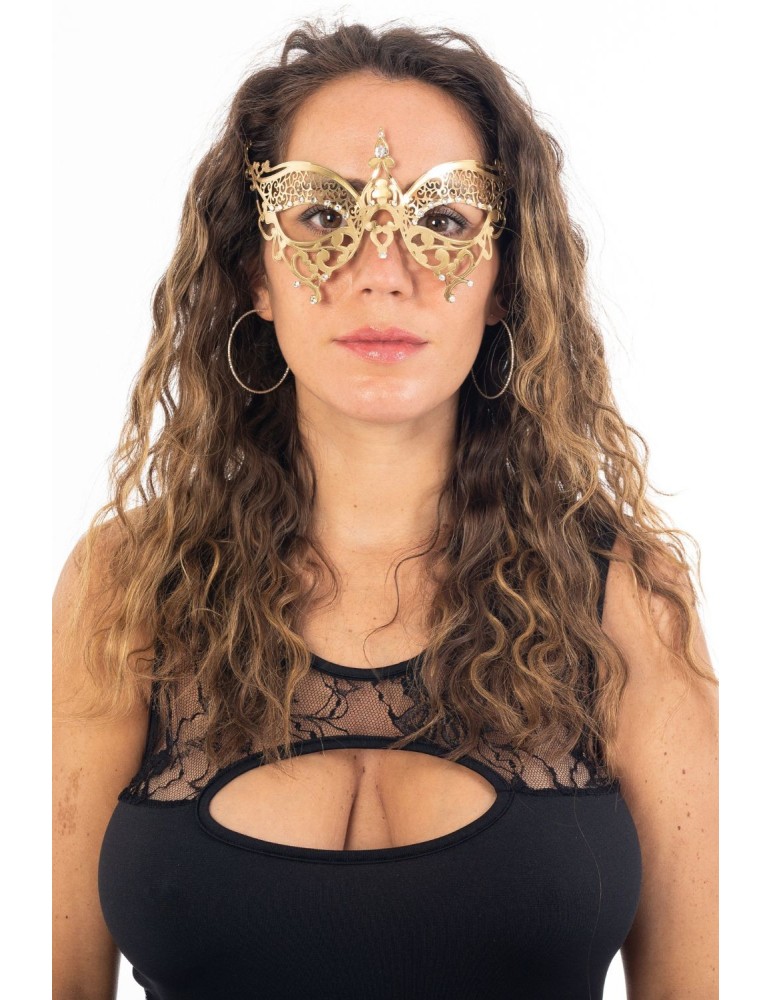 Masque vénitien Alida rigide doré avec strass - HMJ-026B