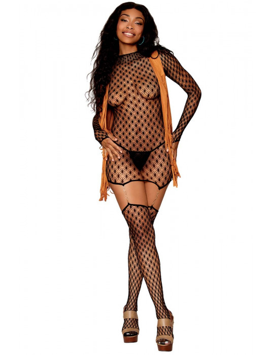 Robe jarretière en filet noir avec forme géométrique avec jarretelles en chaîne doré - DG0481BLK