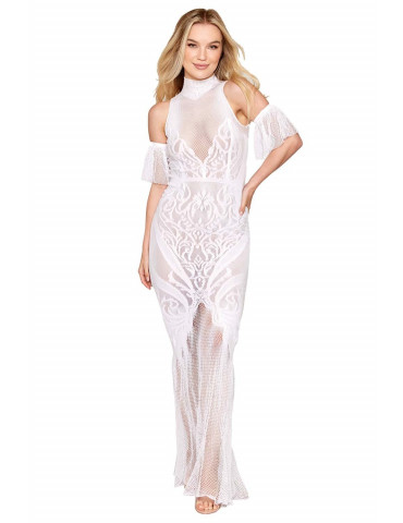 Robe bodystocking en résille et dentelle blanche - DG0490WHT