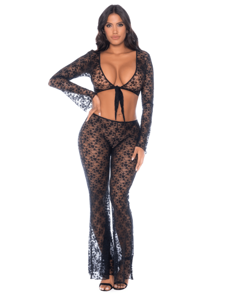 Top et pantalon en dentelle florale noire - MAL1915BLK
